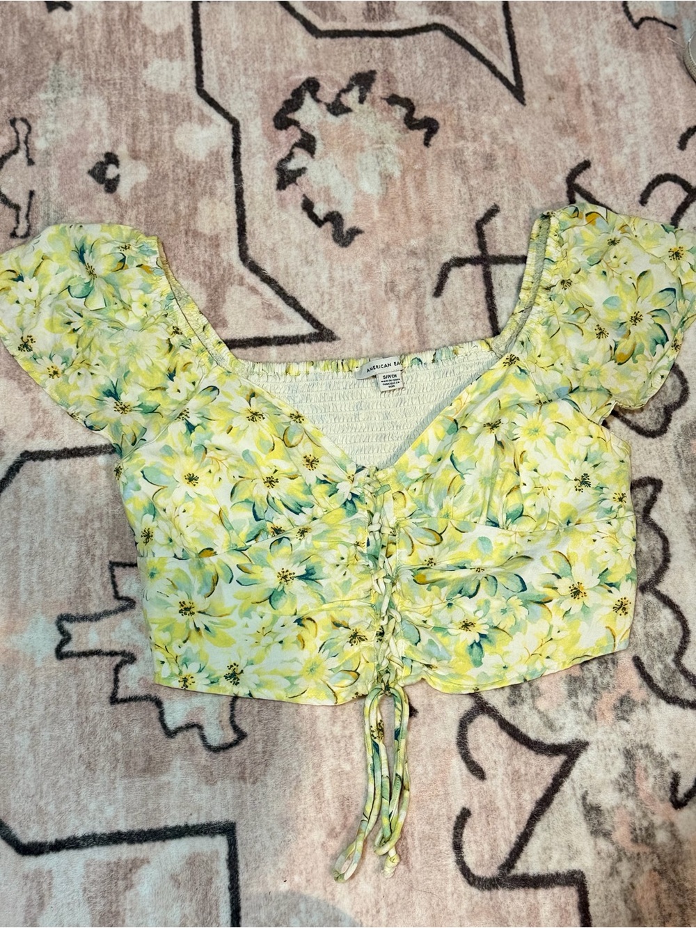 American Eagle Outfitters Yellow Floral Ruched Drawstring Crop Top